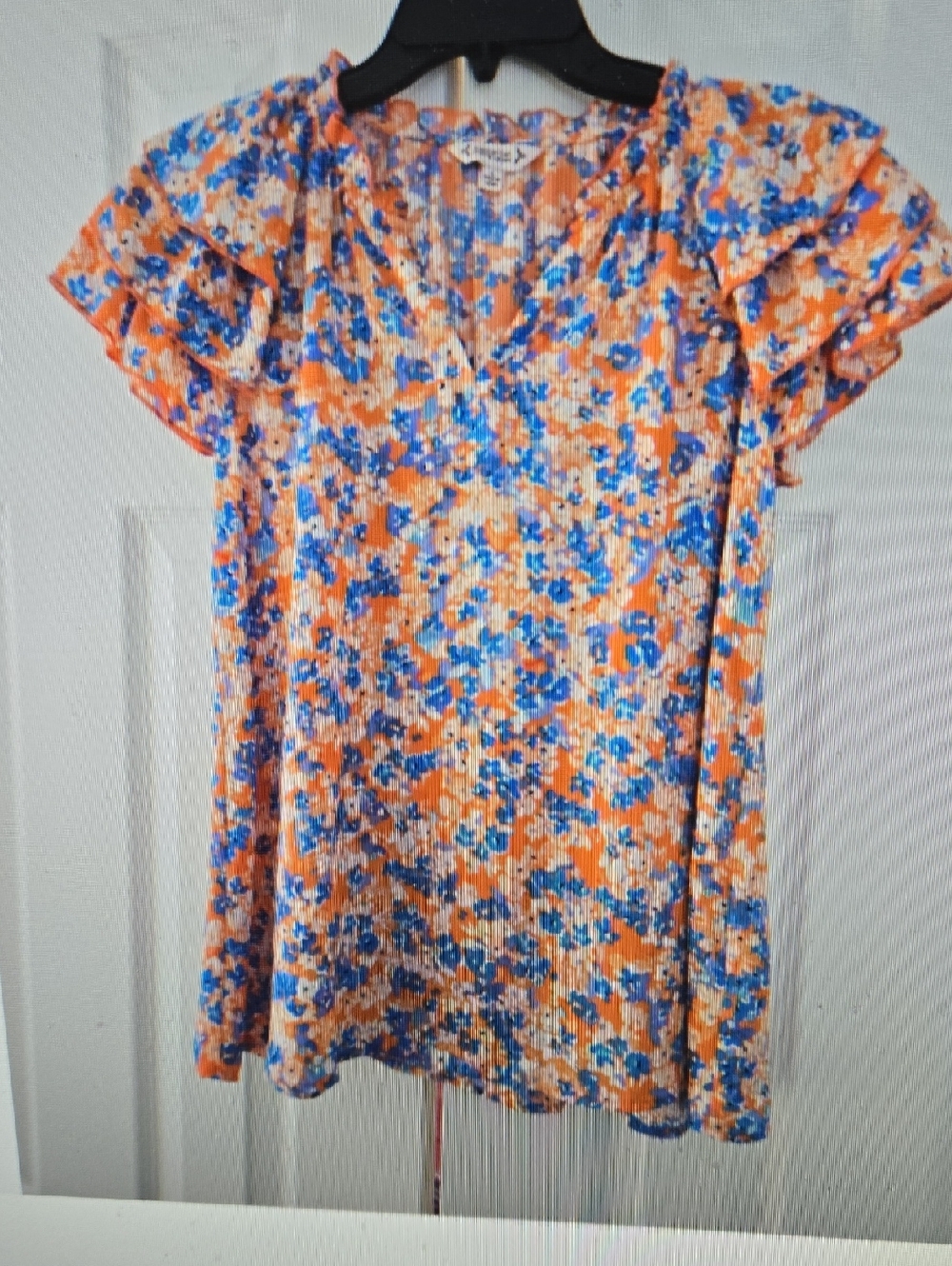 Nanette Lepore Orange & Blue Floral Flutter Sleeve Top